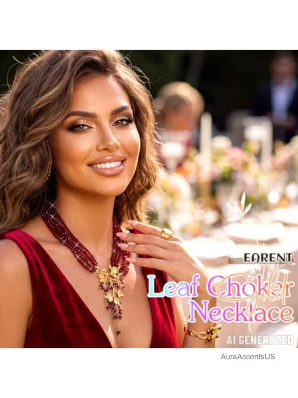 Gold Leaf Choker Necklace Red Beads Tassel Jewelry